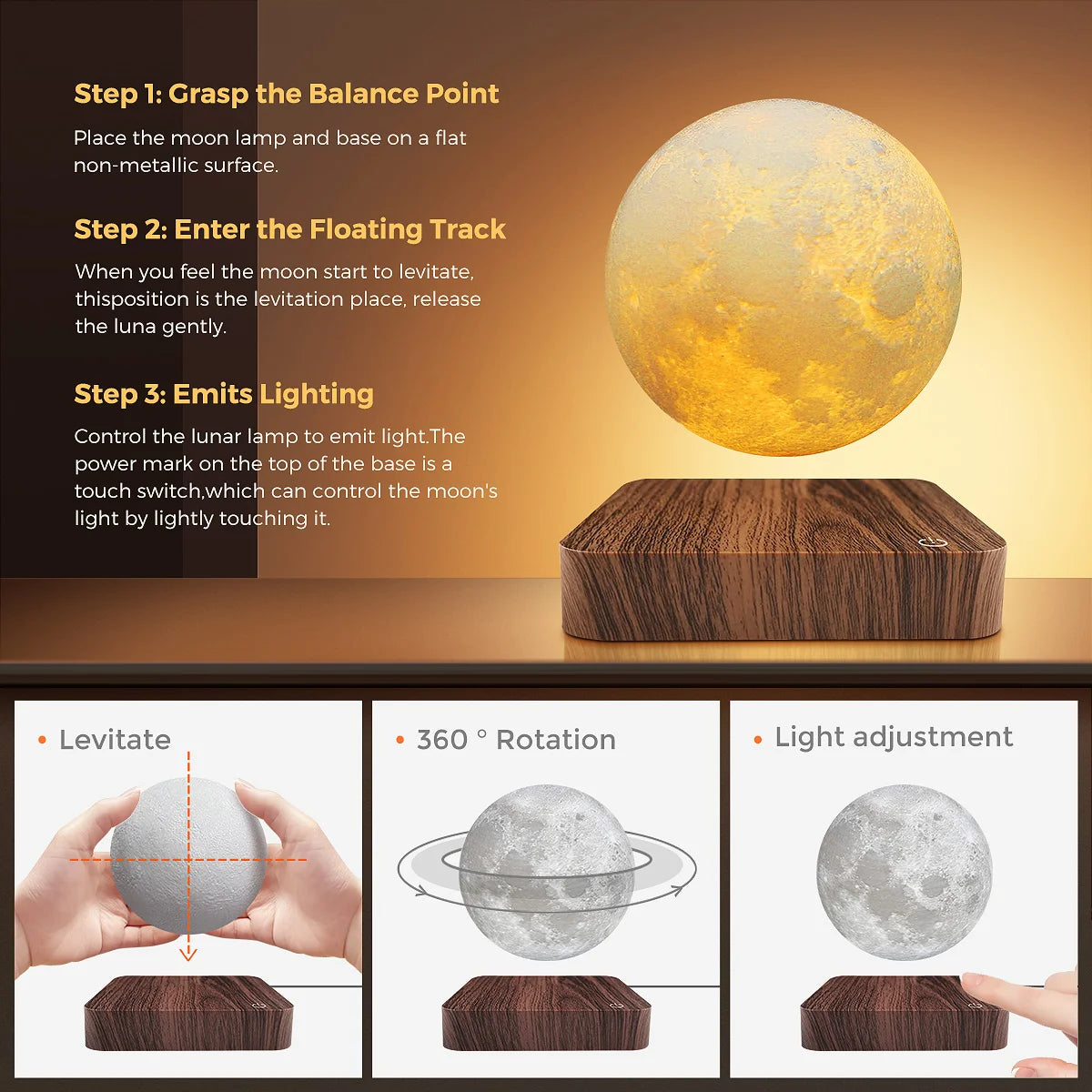 LunaOrbit — Levitating Moon Lamp with Wooden Base
