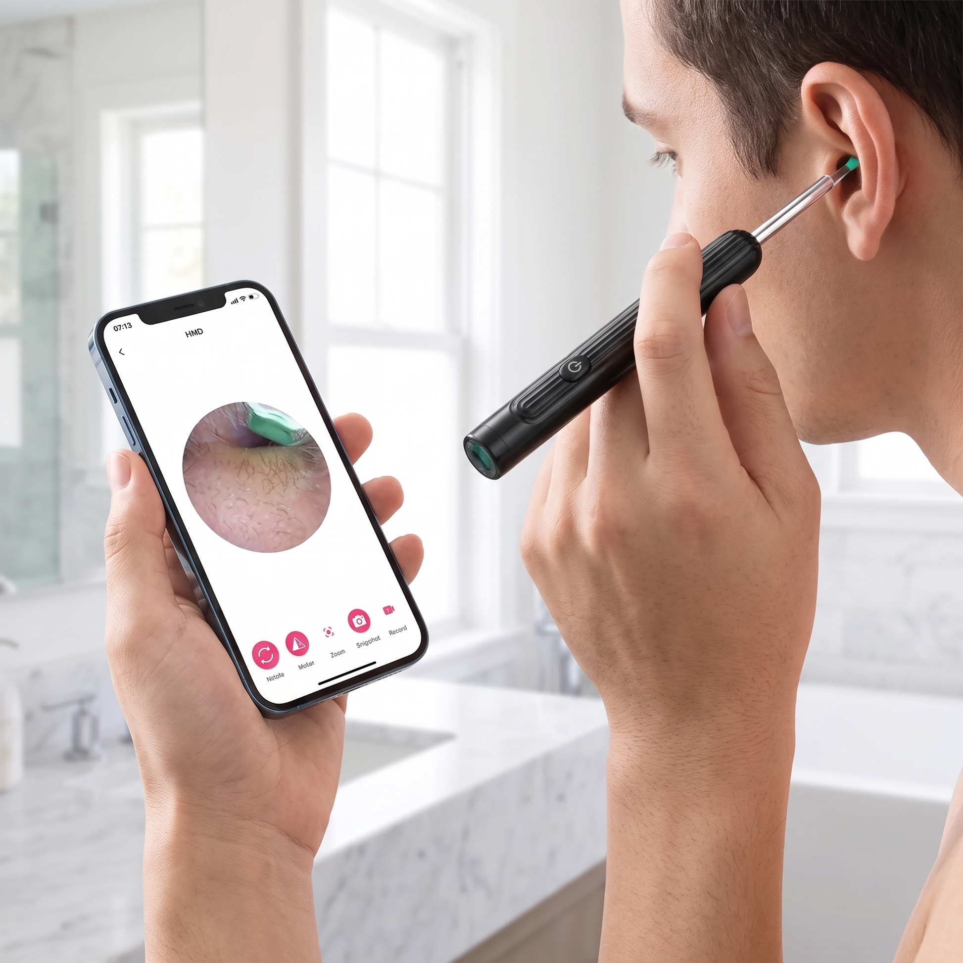 EarVue Pro in use — live ear canal view on smartphone screen