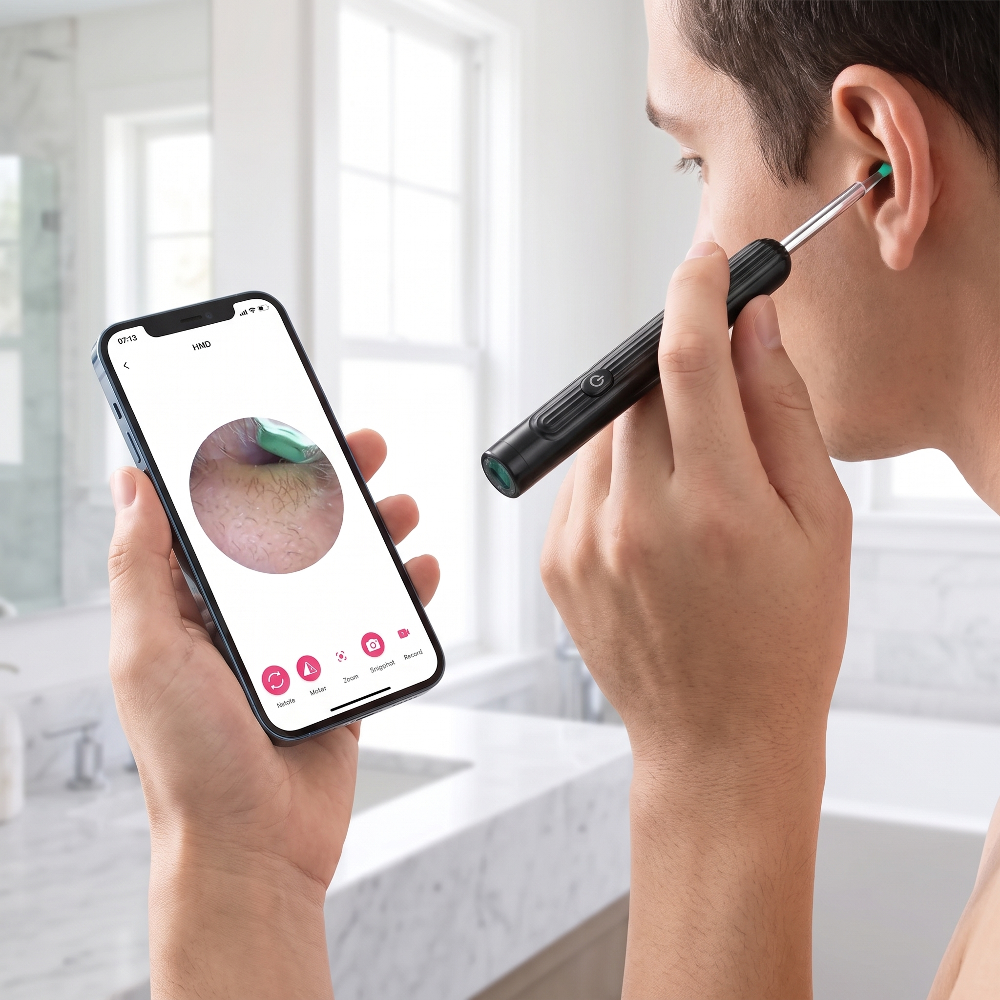 EarVue Pro in use — live ear canal view on smartphone screen