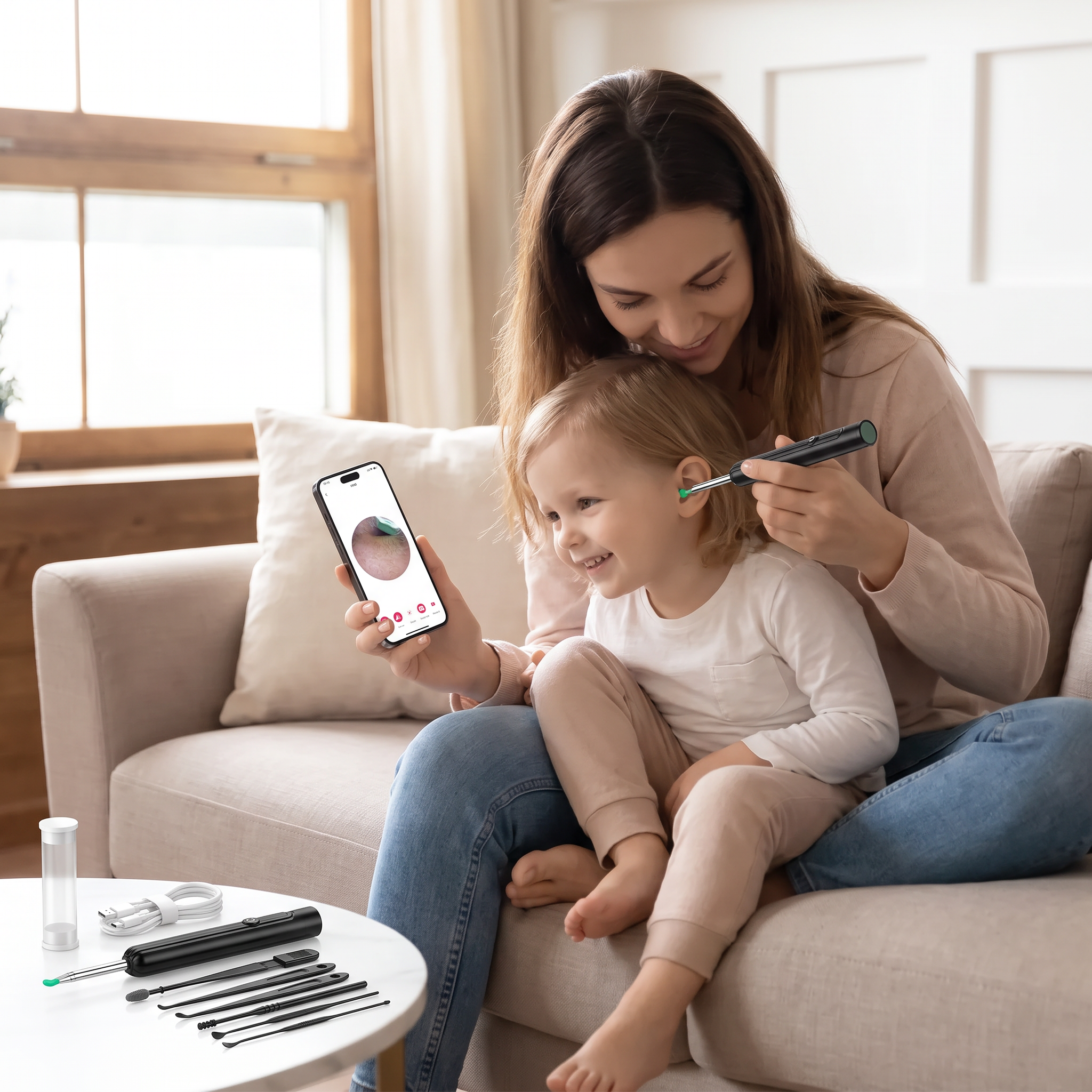 Parent checking child's ear with EarVue Pro while watching the live camera view