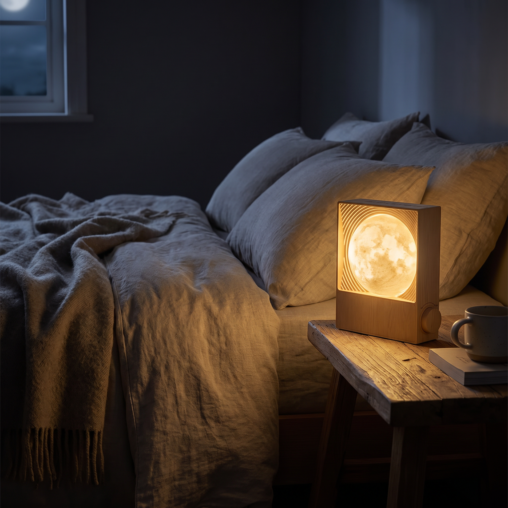 LunaRise moon lamp glowing on a bedside table at night