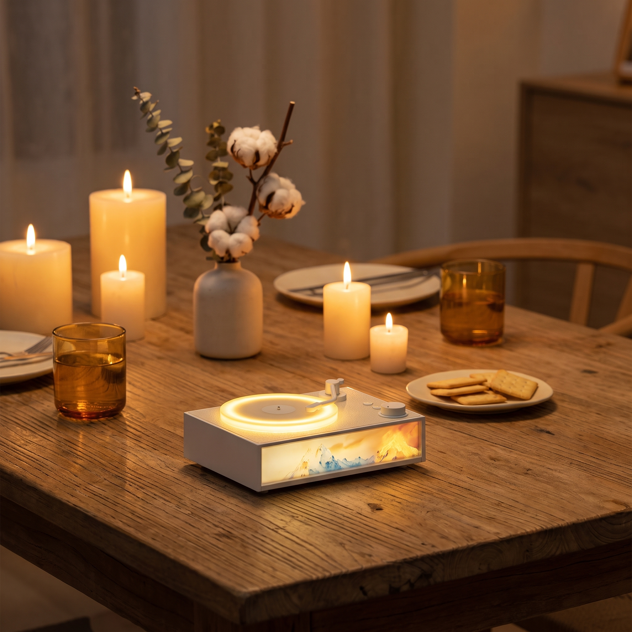 VinylAura glowing on a candlelit dinner table
