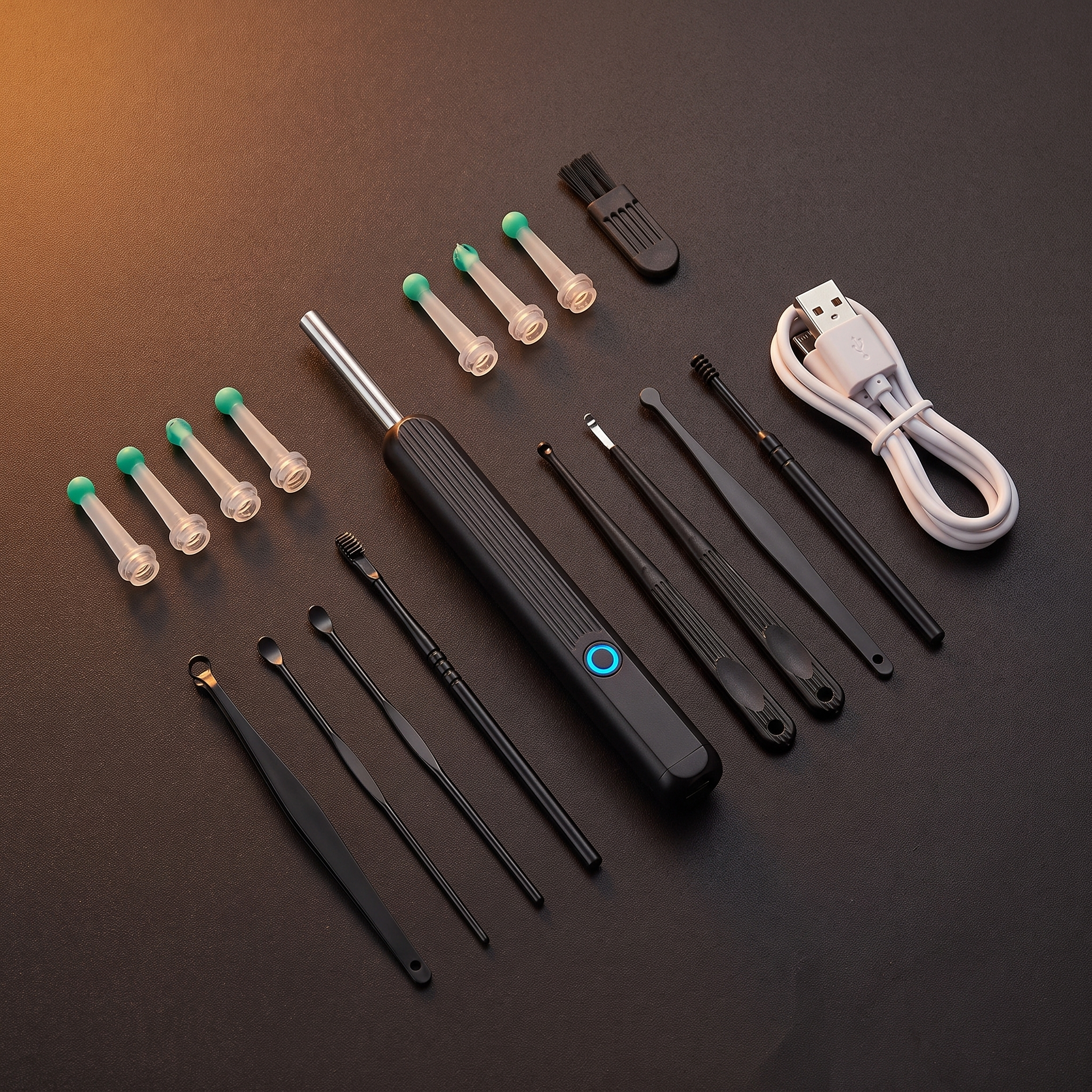 EarVue Pro full kit — camera pen, silicone tips, pick set, brush and USB cable
