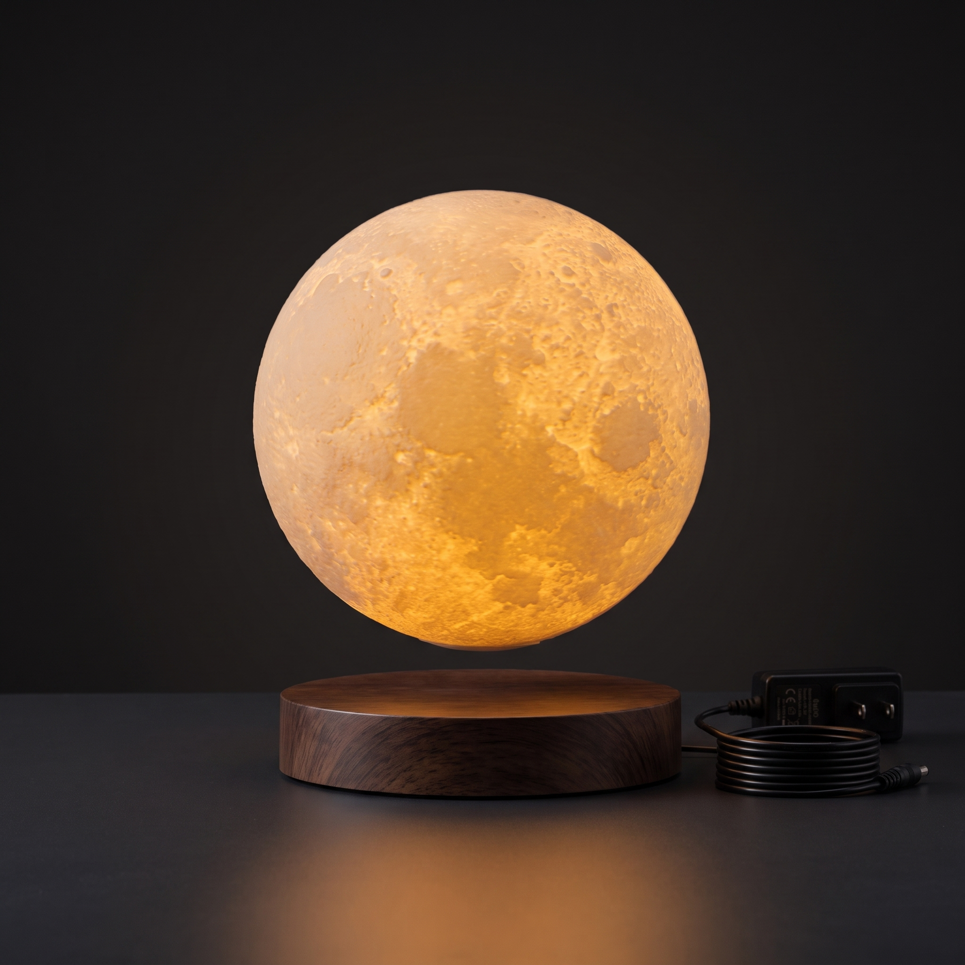 LunaOrbit levitating moon lamp glowing on dark background