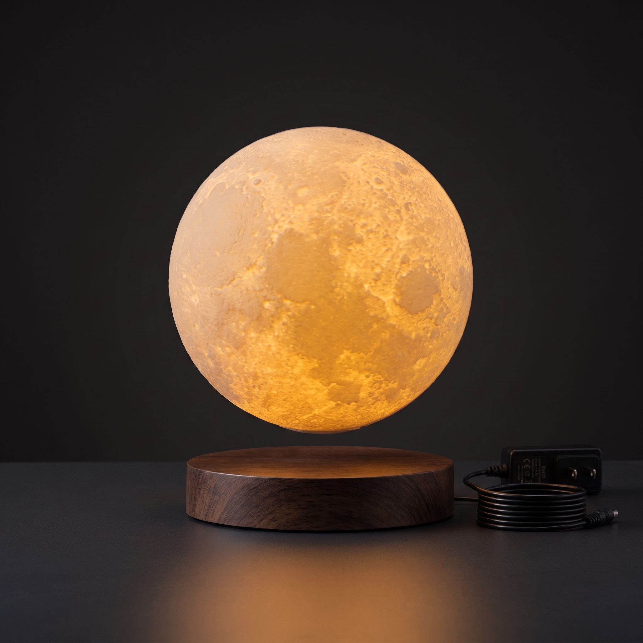 LunaOrbit levitating moon lamp glowing on dark background