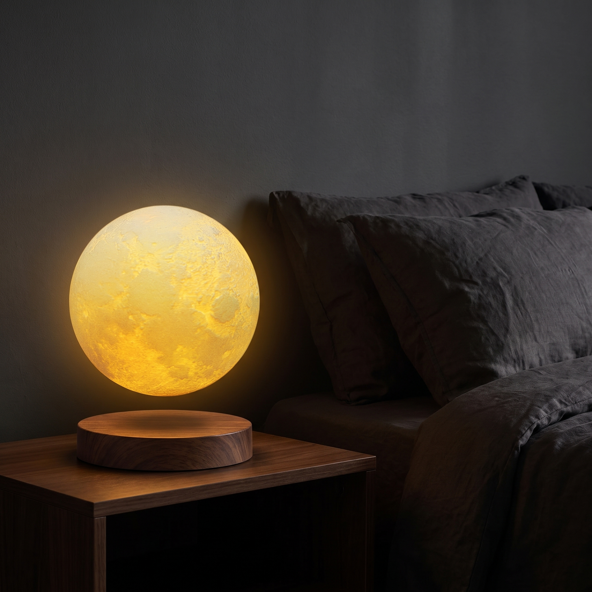 LunaOrbit floating moon lamp on a bedside table at night