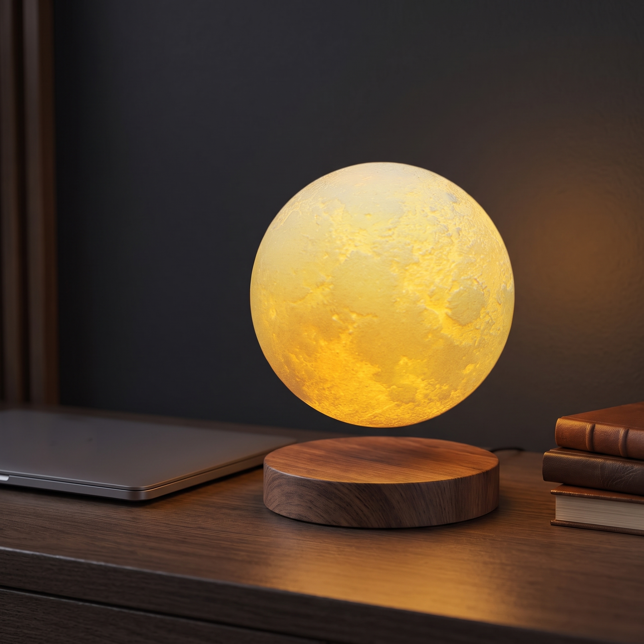 LunaOrbit levitating moon lamp on a dark desk